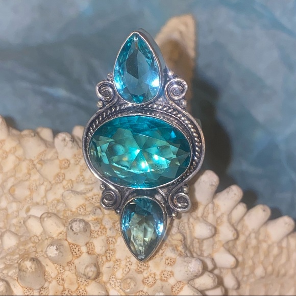 Aqua blue Tourmaline 3 gem vintage renaissance ring